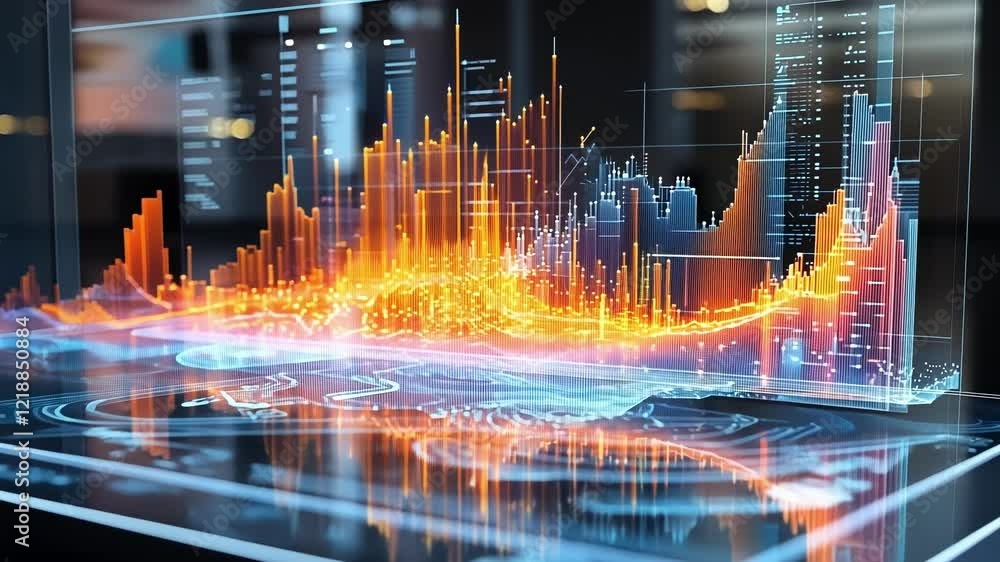 Poster complex data analysis visualized as a growing city skyline within a futuristic hologram displayed on