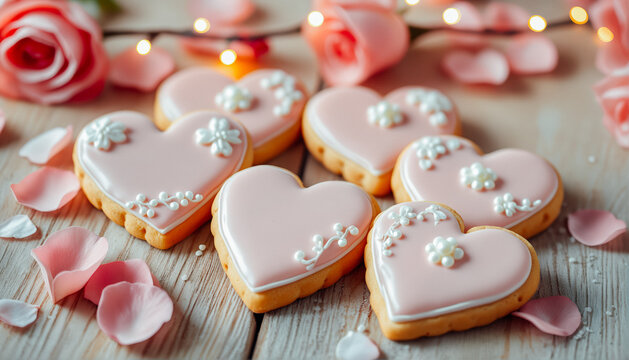 Freshly baked pink heart-shaped cookies with white sprinkles cooling on a rack, surrounded by delicate flowers. - Powered by Adobe
