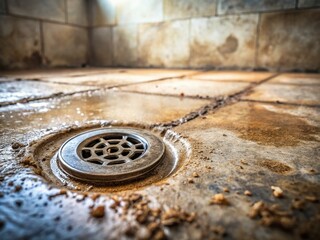 Obraz premium Minimalist Photo: Clogged Bathroom Drain - Dirty Sewer Pipe