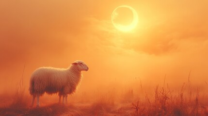 Fototapeta premium Solitary Sheep at Sunrise: A Pastoral Scene