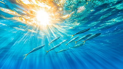 Underwater school of fish swimming towards sunlight. Ocean background, ideal for travel brochures