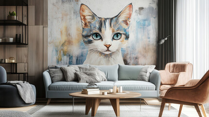 Serene Cat Watercolor Wall Art: A captivating watercolor painting of a cat with piercing blue eyes adorns a stylish living room wall.