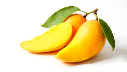 Ripe yellow Marian Plum fruits with green leaves on white background studio shot