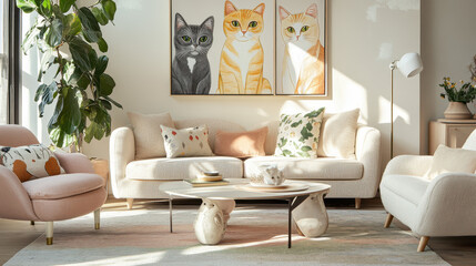 Cozy Living Room with Cat Art: A chic and minimalist living room featuring a comfortable white sofa, plush pink armchair, and a modern coffee table.