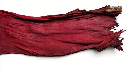 Red fabric banner, tattered edges, wood stick, white background, design element