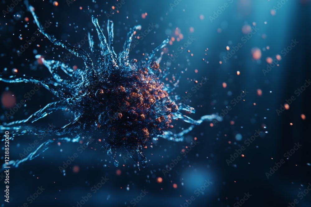 Poster vibrant isolated neural cell surrounded by particles against a dark background with depth and focus