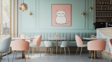 Pastel Cat Cafe Interior: A charming cafe interior design featuring pastel pink and mint green walls, comfortable seating, and a cute cat print adding a touch of whimsy.