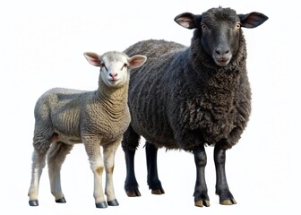 Obraz premium Black Sheep and Lamb, Isolated, White Background, Copy Space