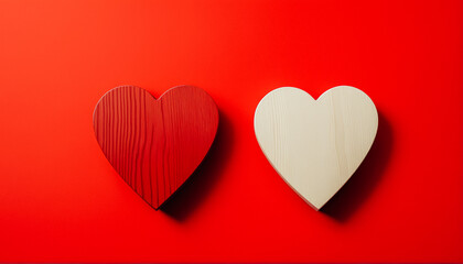 Two wooden heart shapes lying on a bright red background. A minimalistic and symbolic representation of love, warmth, and simplicity for Valentine's Day or romantic concepts.