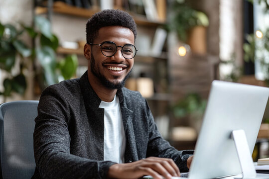Smiling Afro-American businessman sitting at modern office desk behind computer monitor. Happy black employee feeling no stress, at relaxed and successful working atmosphere