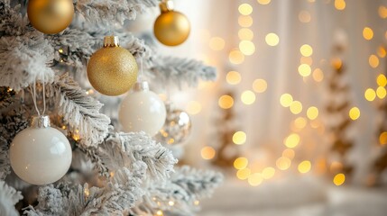 White Christmas Tree Beautifully Decorated With Sparkling Gold Ornaments