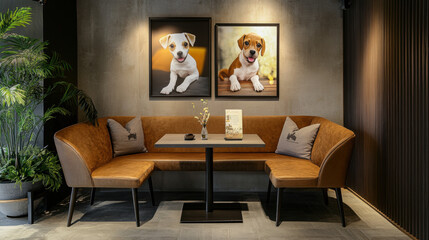 Cozy Dog-Friendly Cafe Corner: Two framed portraits of adorable puppies adorn a stylish corner booth in a pet-friendly cafe. The scene is warm, inviting.