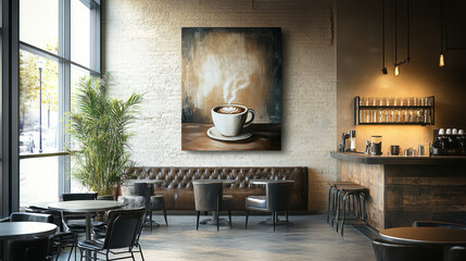 Coffee Shop Art: A captivating painting of a steaming cup of coffee takes center stage in a stylish, modern coffee shop, creating a warm and inviting ambiance.