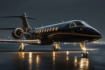 Fototapeta premium Luxurious black and gold private jet airplane parked at the airport at night. Exclusive traveling for VIP`s, millionaires and billionaires. Opulent lifesty