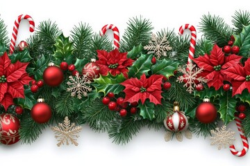 Festive holiday decoration featuring poinsettias, ornaments, and candy canes on a green backdrop