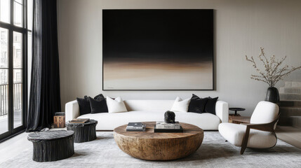 Obraz premium Serene Modern Living Room: A minimalist living room features a large abstract painting, a plush white sofa, and stylish wooden coffee table, creating a calm and sophisticated atmosphere. 