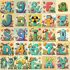 Naklejka premium Cartoon Summer season Monsters Lettering Typeface. AI generated illustration