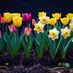 Fototapeta premium Bunch of flowers with yellow and pink flowers