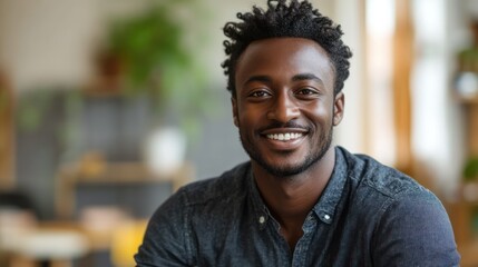Smiling man portrait, home office, blurred background, profile pic