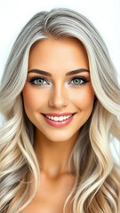 Naklejka premium AI-generated woman portrait blonde girl with beautiful smile and silver hair close-up on white background.