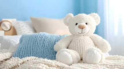 Cozy Bedroom Scene with Soft Teddy Bear and Knitted Accents