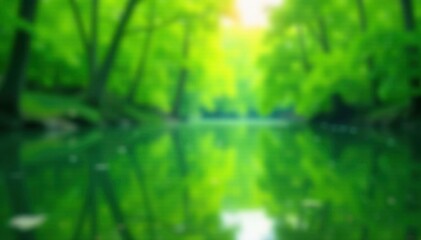 Fototapeta premium Green bokeh water scene, calm lake surface reflections, peaceful, body of water