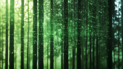 Green technological background with trees and digital holograms. Concept of combining technology and nature