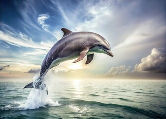 Obraz premium Retro gray dolphin leaps, a serene ocean moment captured in vintage aquatic photography.