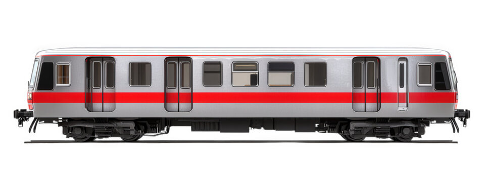 subway train with sleek silver design and red accents, isolated on transparency background, showcasing modern transportation