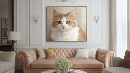 Cat Portrait in Elegant Interior: A captivating portrait of a ginger and white cat with piercing green eyes, framed and displayed prominently in an elegant living room setting.