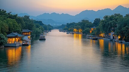 Naklejka premium Sunset canal, illuminated pavilions, mountains, China, tourism