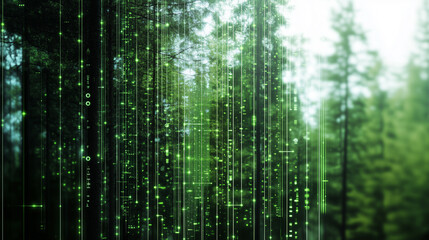 Green technological background with trees and digital holograms. Concept of combining technology and nature
