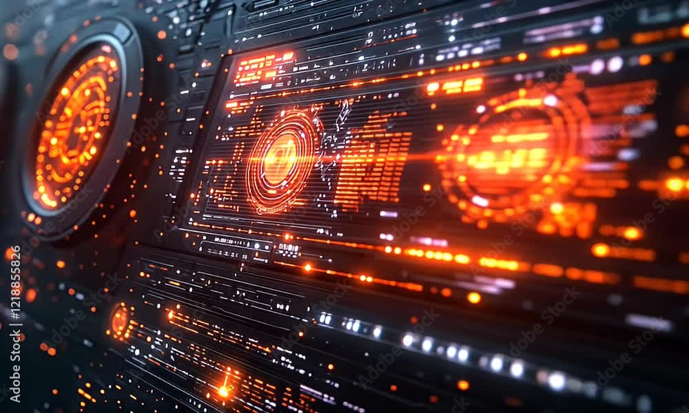 Poster futuristic digital interface with glowing orange hud elements and data streams