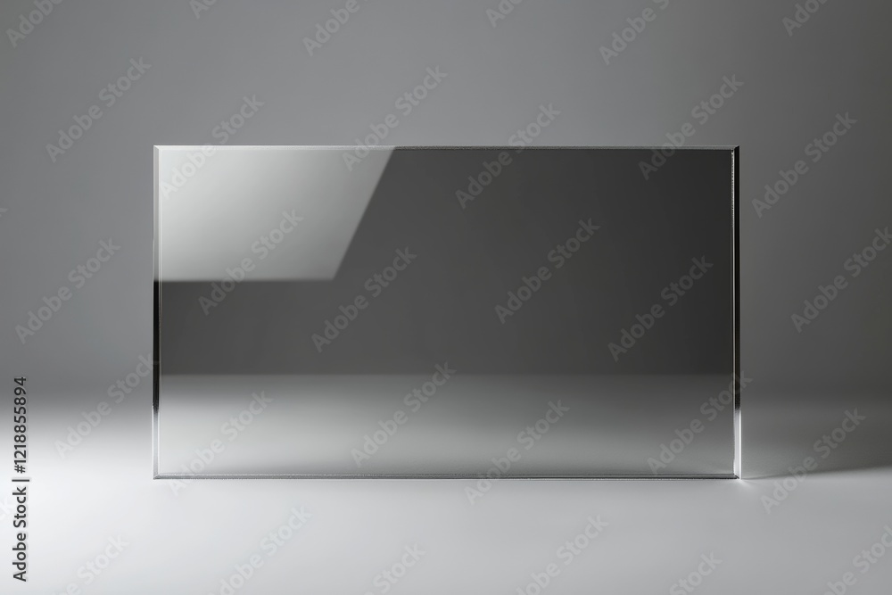Poster a large rectangular glass panel with rounded edges reflecting light in a minimalist gray room