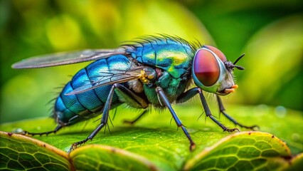 Naklejka premium Blue Bottle Fly on Leaf - High Detail Close-up Macro