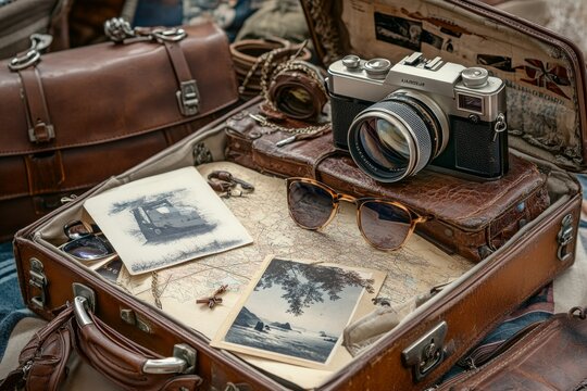 Nostalgic travel scene  an open suitcase with vintage photos, camera, and map evoking memories