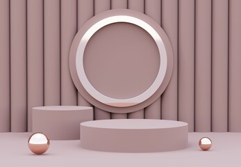 A sophisticated minimalist podium design with subtle mocha and mousse tones and silver spheres.