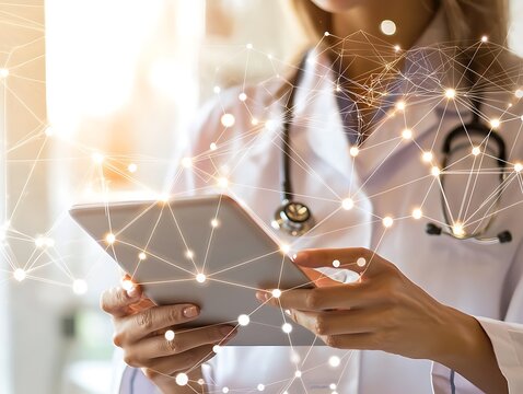Abstract Healthcare Tech: A doctor uses a tablet, surrounded by abstract digital connections, symbolizing advancements in healthcare technology and data integration.
