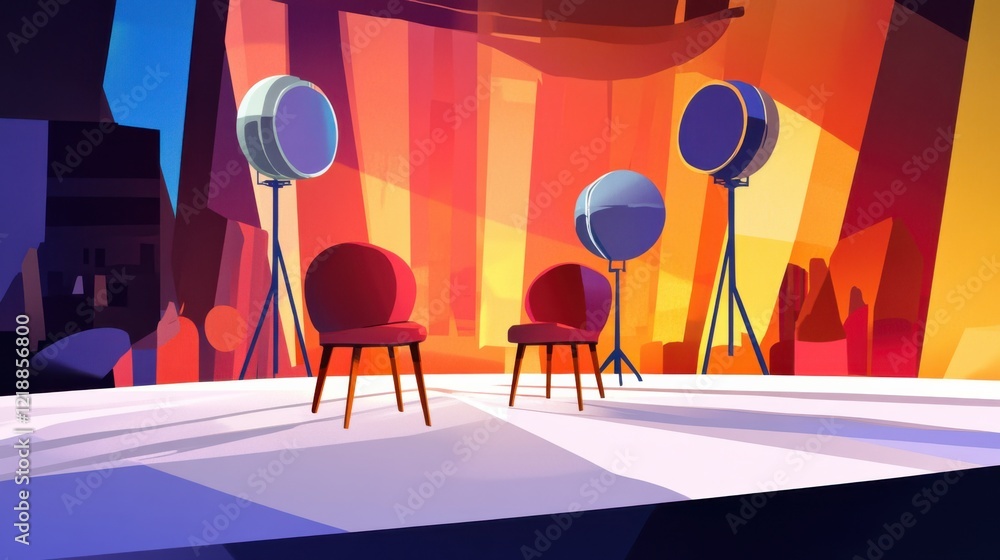 Poster a vibrant stage setup with two red chairs and spotlighting in a colorful abstract environment