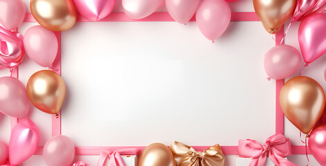 frame with balloons and confetti, White frame with pink balloons and confetti on pink background. baby shower celebration AI Generated 
