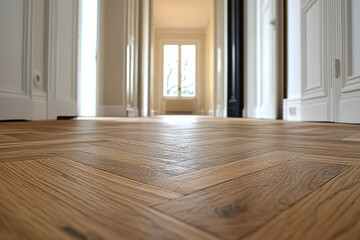 Obraz premium Polished parquet floor illuminating modern living room. Copy space.