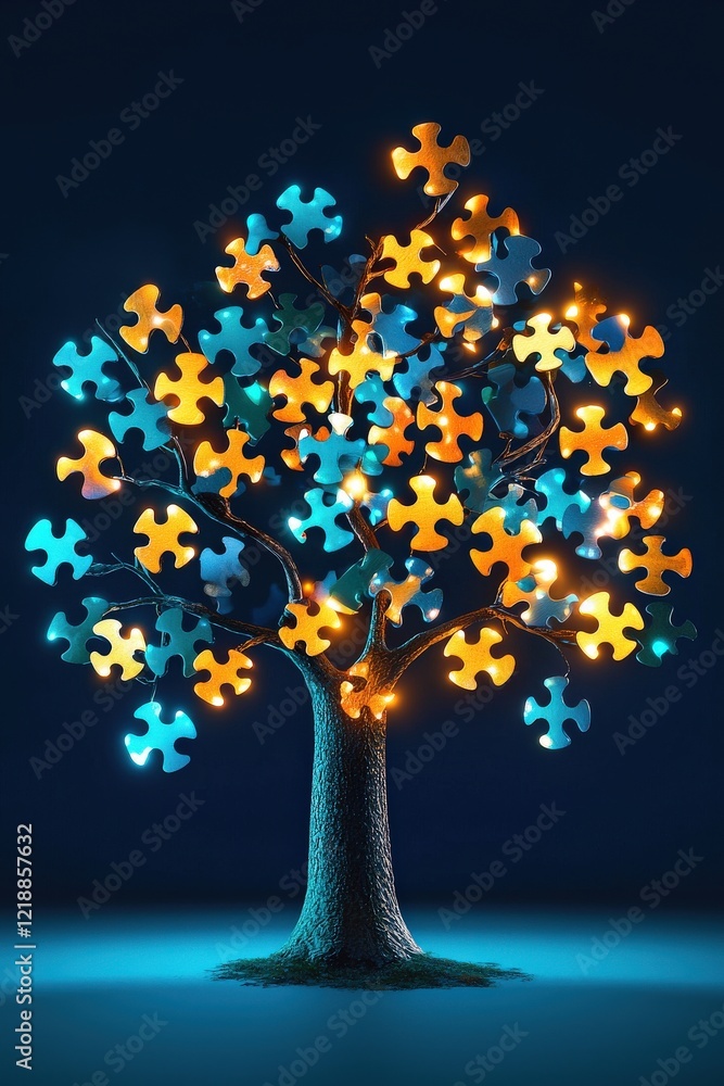 Poster tree of creativity with glowing puzzle leaves interlocked in patterns