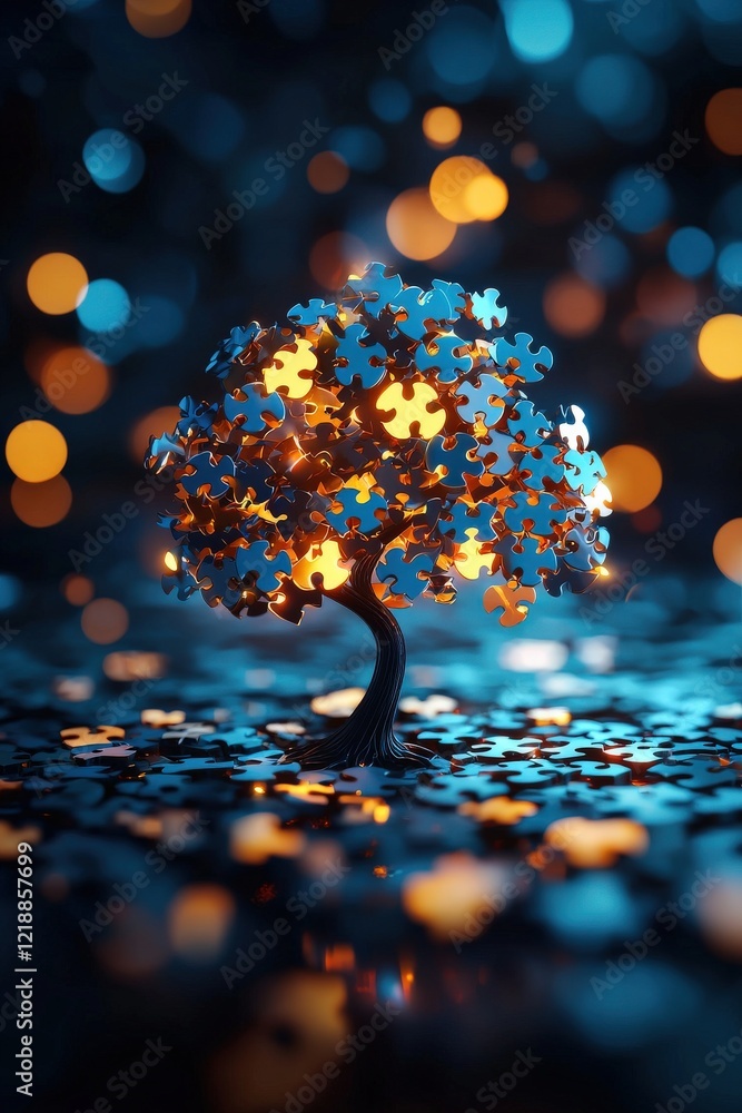 Poster tree of creativity with glowing puzzle leaves interlocked in patterns