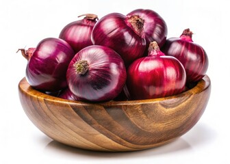 Rustic wooden bowl overflows with red onions, stark against a pristine white backdrop.