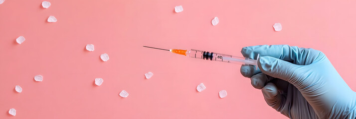 Horizontal banner. National Influenza Vaccination Week. Hand in medical glove with syringe on pink background. National Immunization Awareness Month. Immunization and vaccination. Free space for text