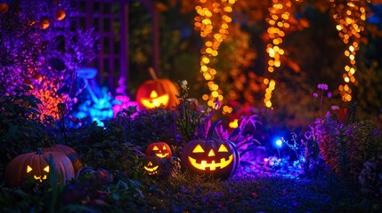 Fototapeta premium Halloween Night Garden Decorated with Jack-o'-lanterns and Lights