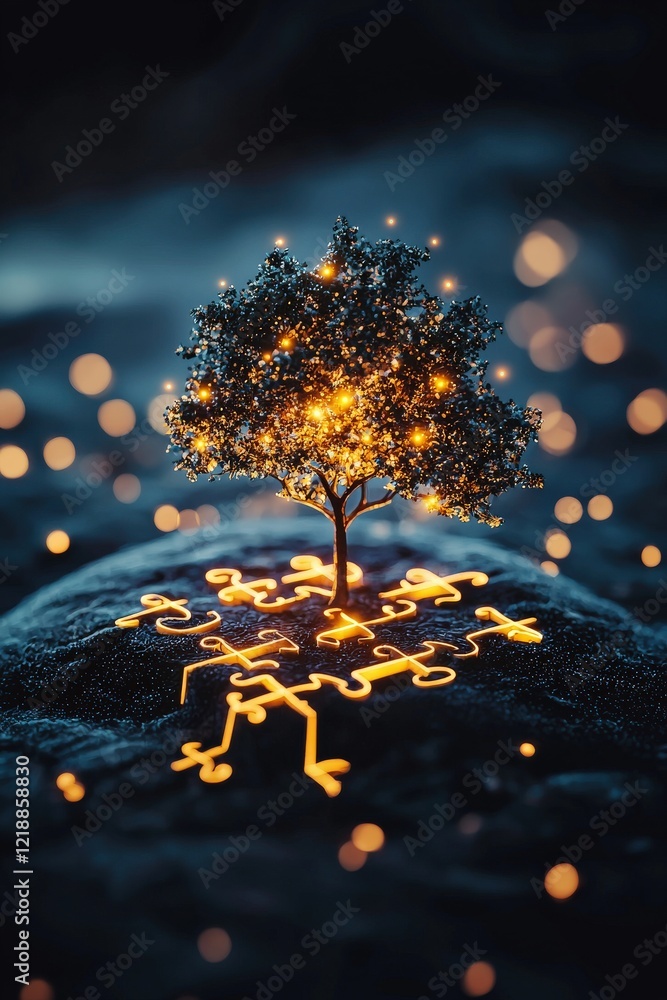Poster tree of creativity with glowing puzzle leaves interlocked in patterns