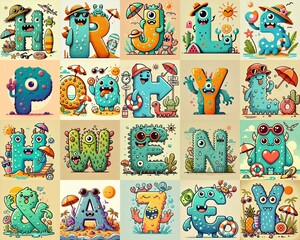 Obraz premium Cartoon Summer season Monsters Lettering Typeface. AI generated illustration