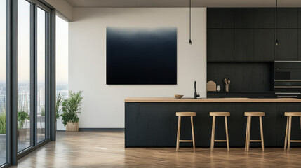 Serene Abstract Art in Modern Kitchen: A sophisticated navy blue abstract painting hangs on a dark kitchen wall.