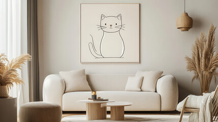 Minimalist Cat Line Art Print: A simple yet charming line art print of a cat, hanging above a cozy living room couch, adds a touch of whimsy and warmth to a minimalist interior design.